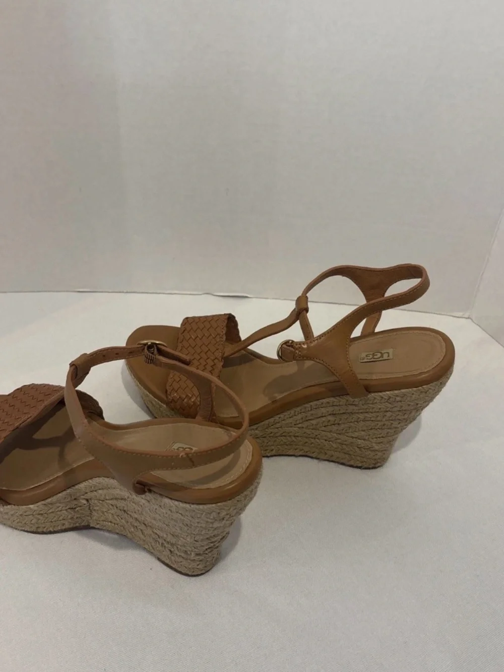 UGG Women's Tan Woven Leather Espadrille Wedge Strappy Sandals. Size 8.5